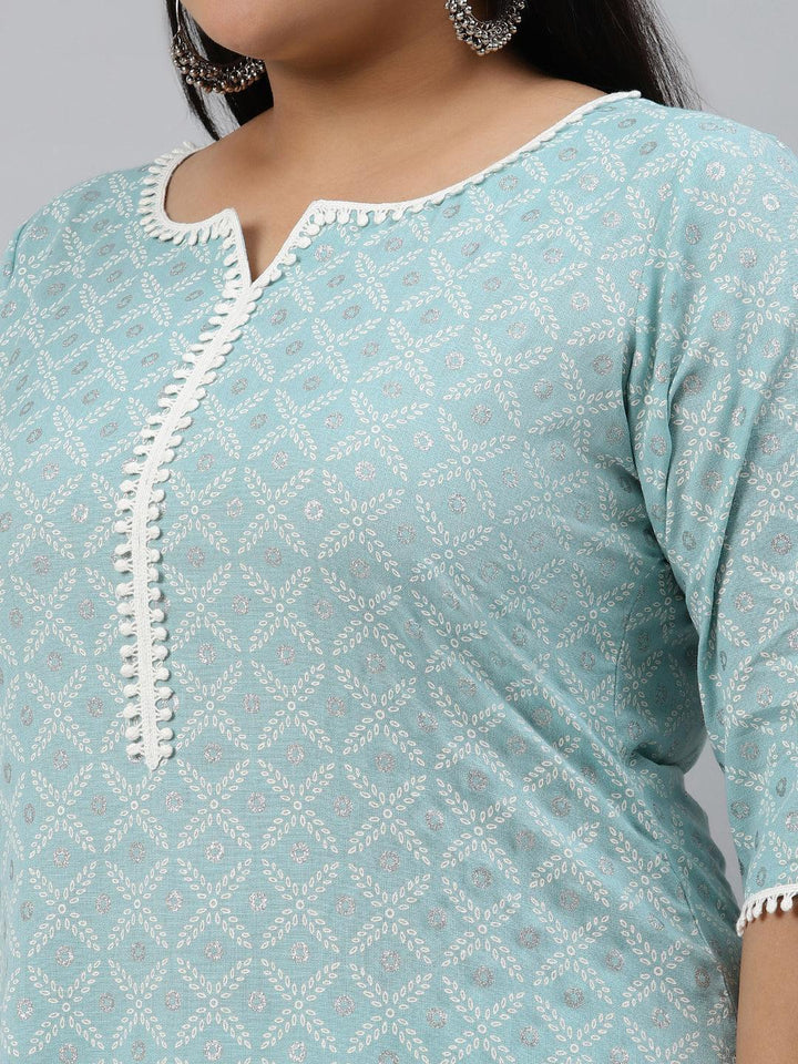 Plus Size Blue Printed Cotton Kurta - ShopLibas