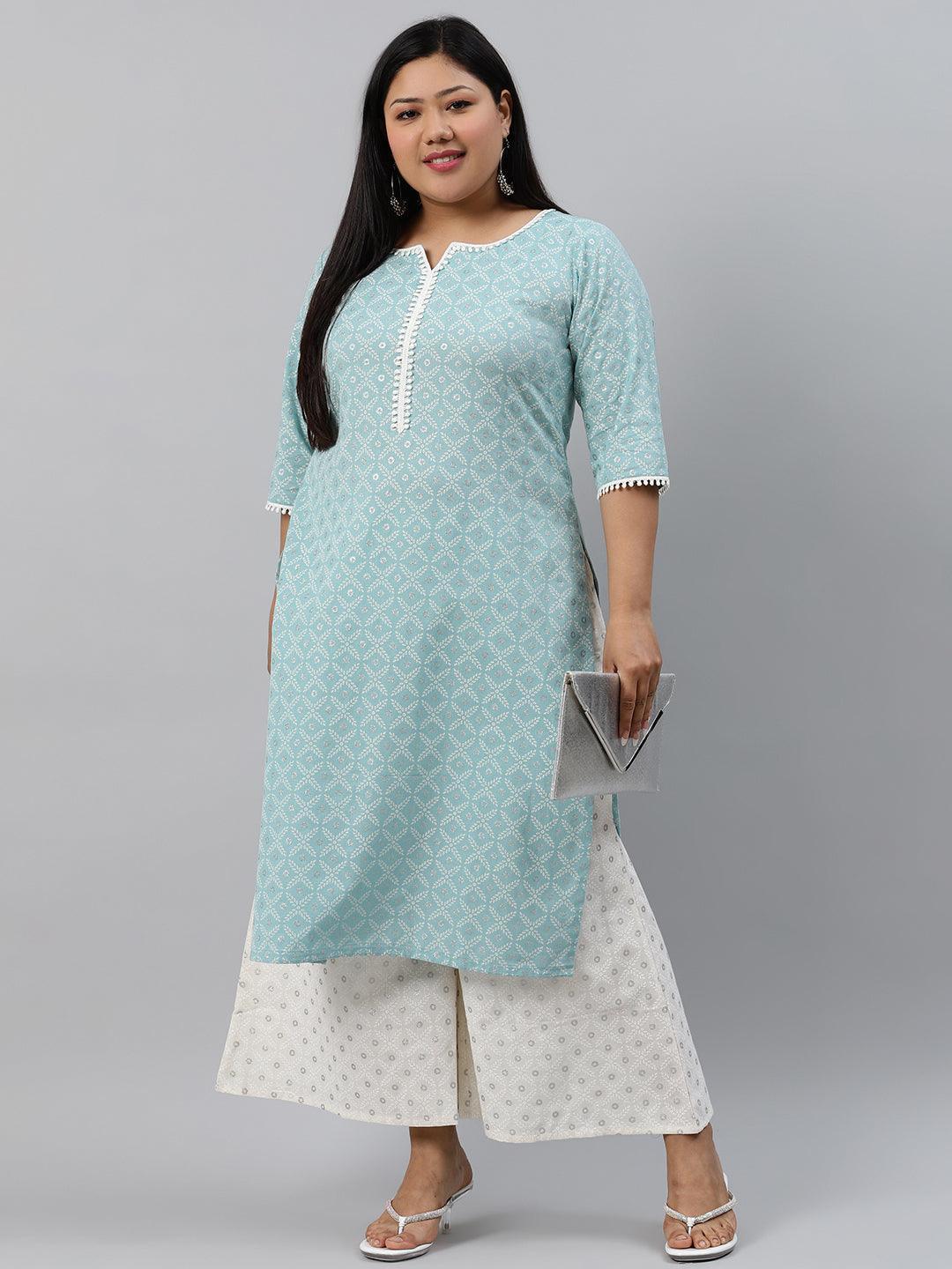 Plus Size Blue Printed Cotton Kurta