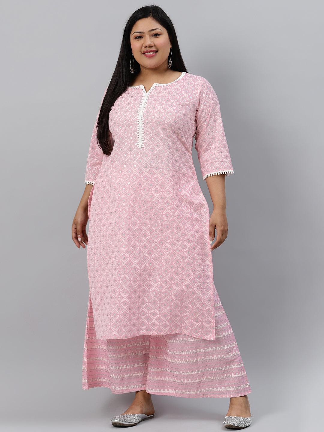 Plus Size Pink Printed Cotton Kurta