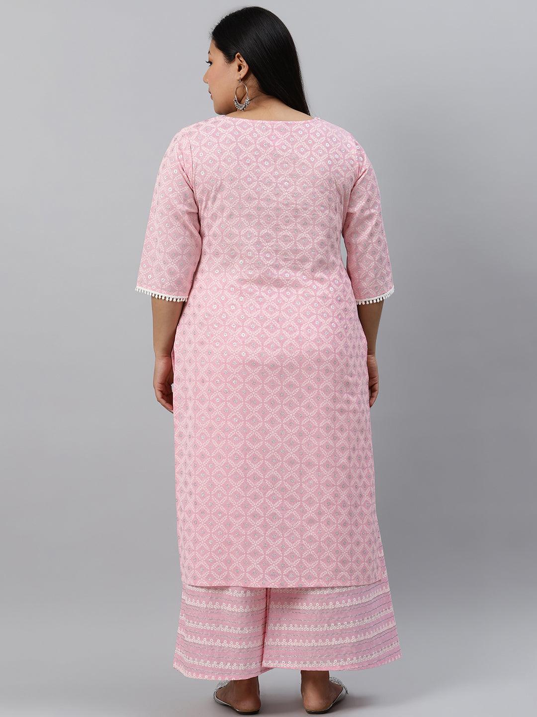 Plus Size Pink Printed Cotton Kurta - ShopLibas