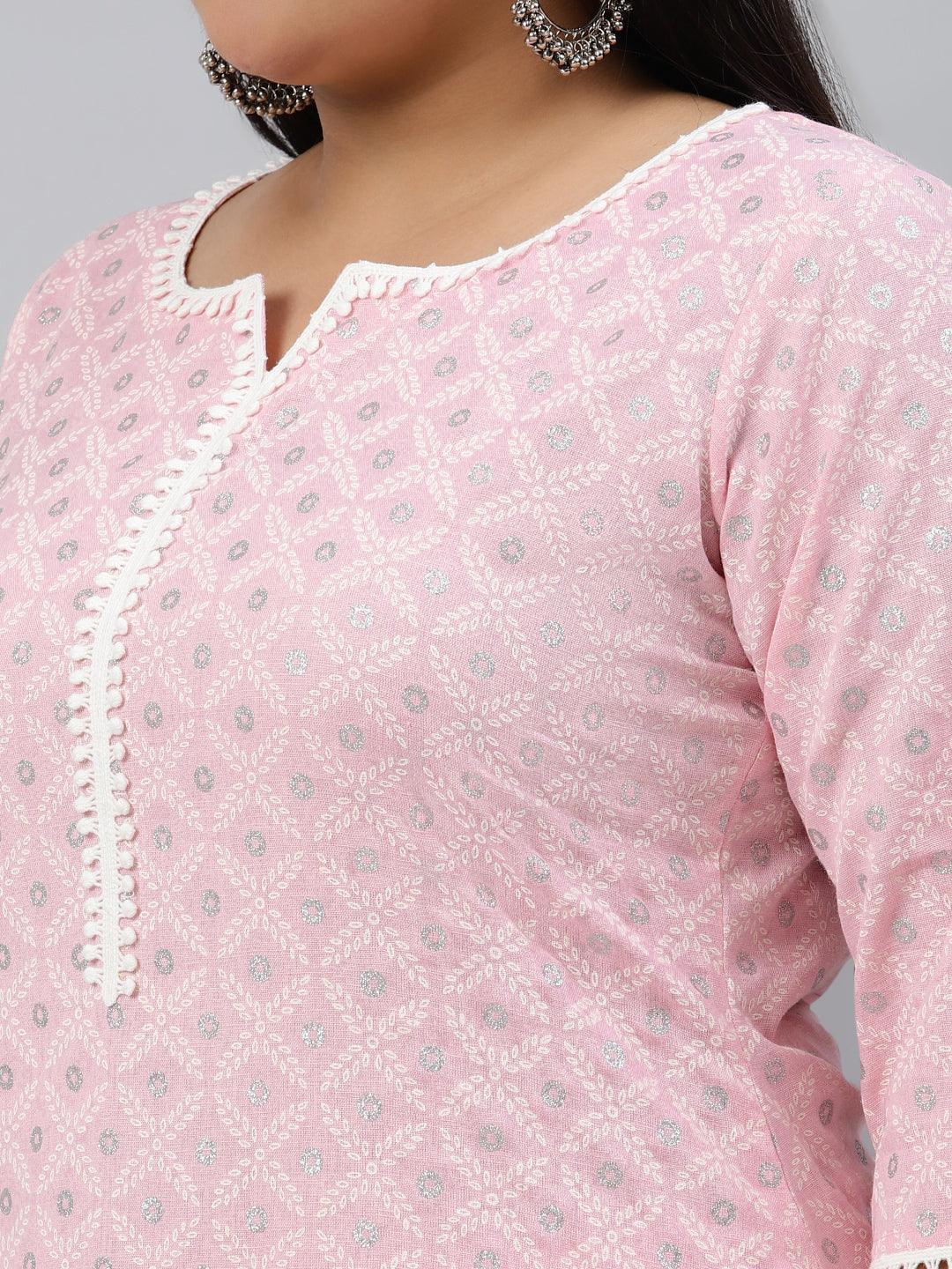 Plus Size Pink Printed Cotton Kurta - ShopLibas