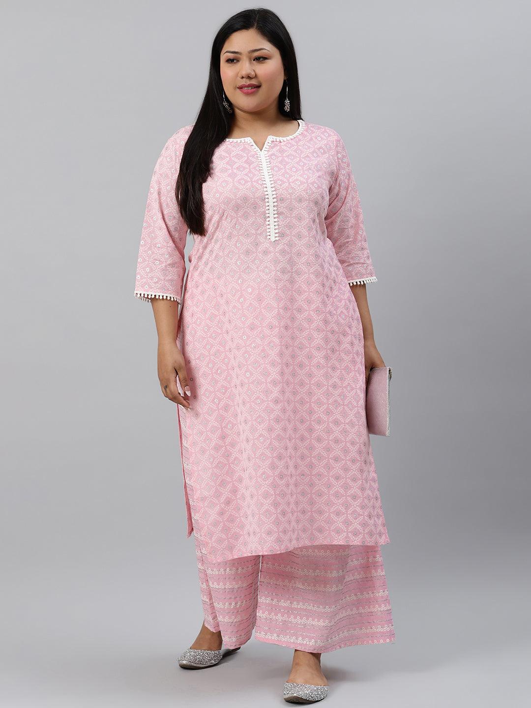 Plus Size Pink Printed Cotton Kurta - ShopLibas