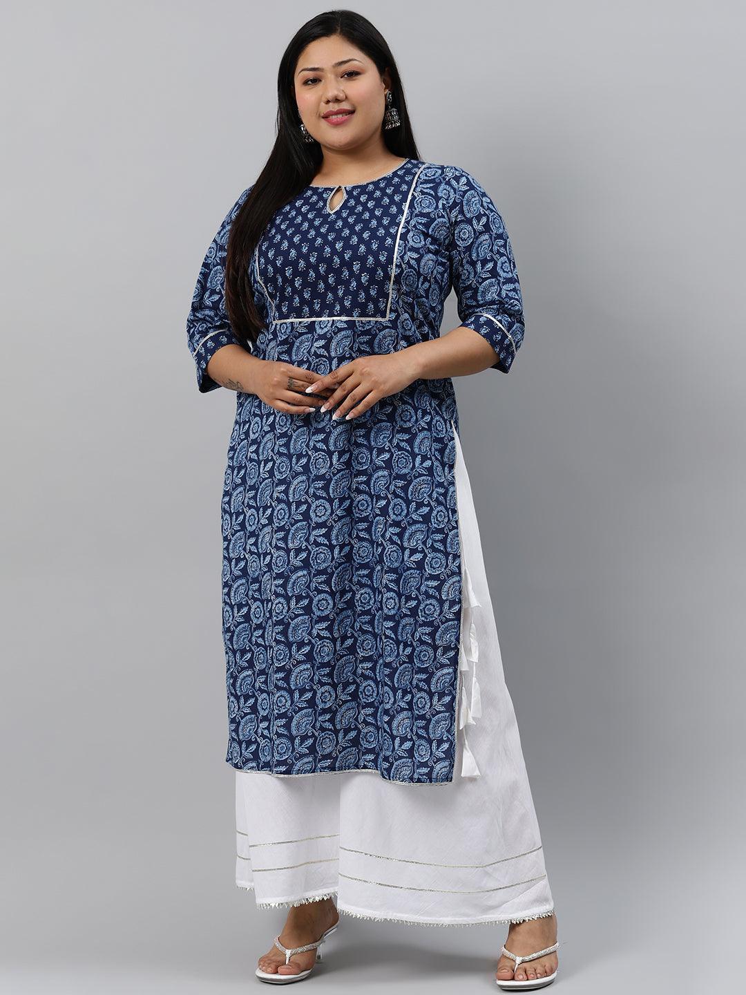 Plus Size Blue Printed Cotton Kurta