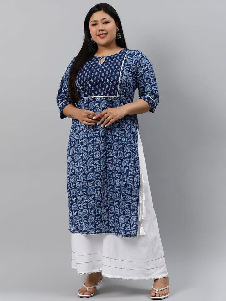 Plus Size Blue Printed Cotton Kurta - ShopLibas