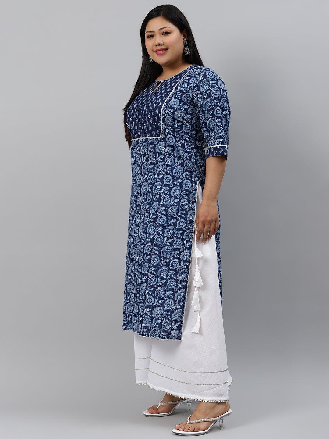 Plus Size Blue Printed Cotton Kurta