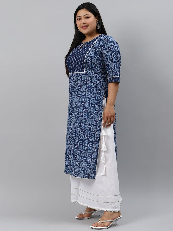 Plus Size Blue Printed Cotton Kurta - ShopLibas