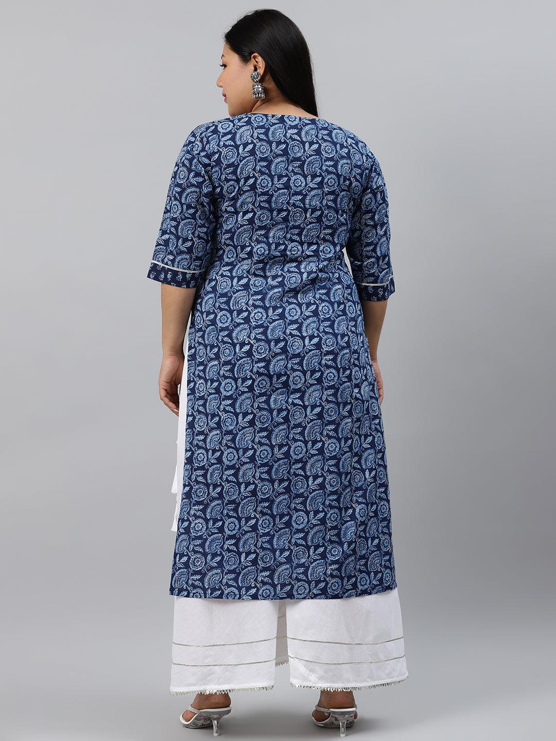 Plus Size Blue Printed Cotton Kurta