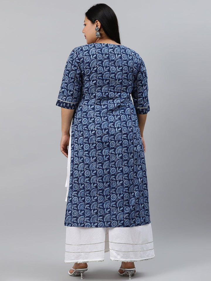 Plus Size Blue Printed Cotton Kurta - ShopLibas