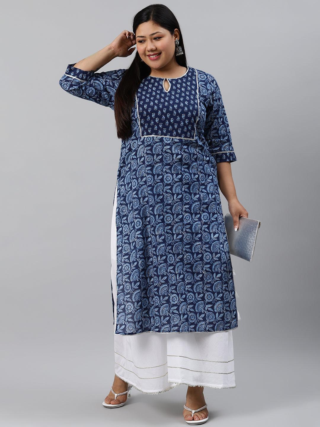 Plus Size Blue Printed Cotton Kurta