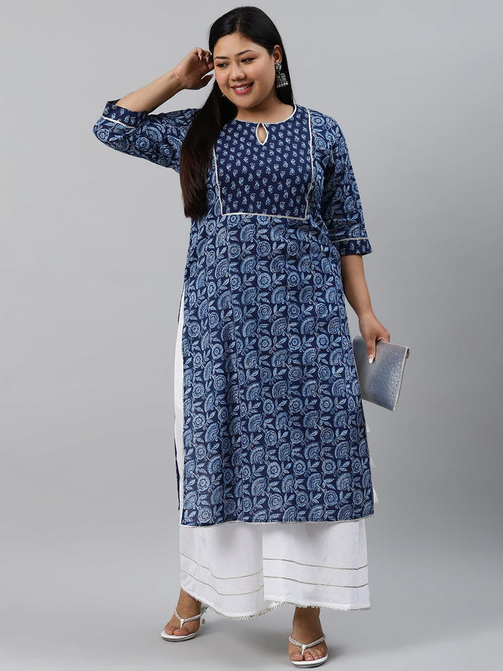 Plus Size Blue Printed Cotton Kurta - ShopLibas