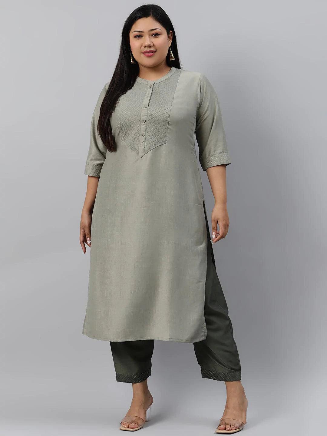 Plus Size Green Solid Silk Kurta