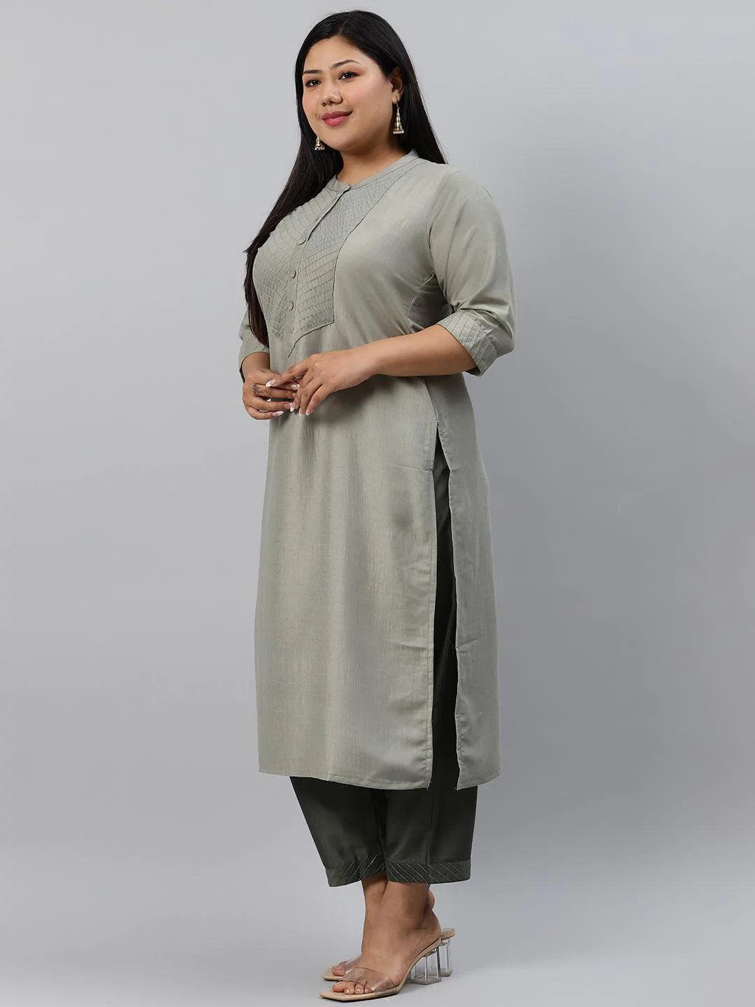 Plus Size Green Solid Silk Kurta