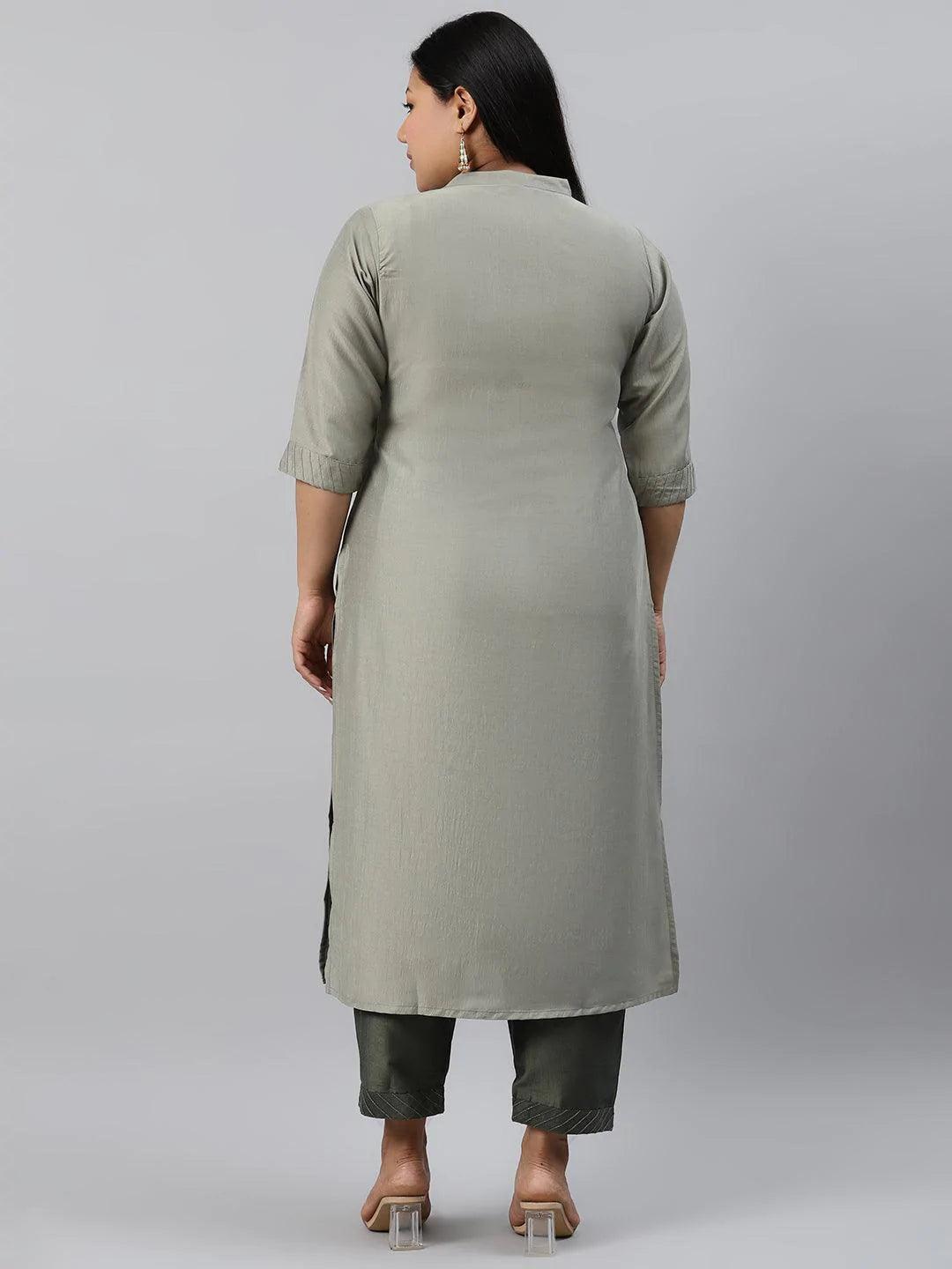 Plus Size Green Solid Silk Kurta