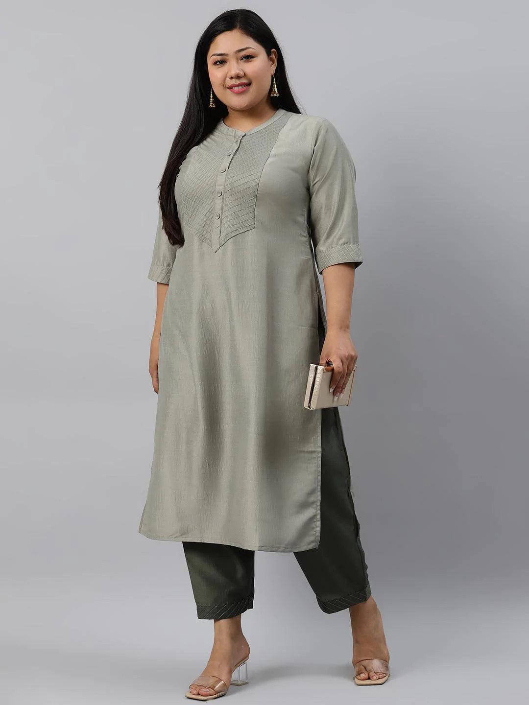 Plus Size Green Solid Silk Kurta