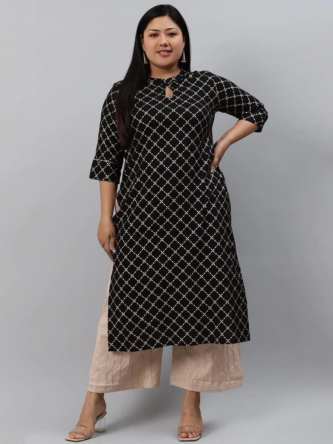 Plus Size Black Checkered Rayon Kurta