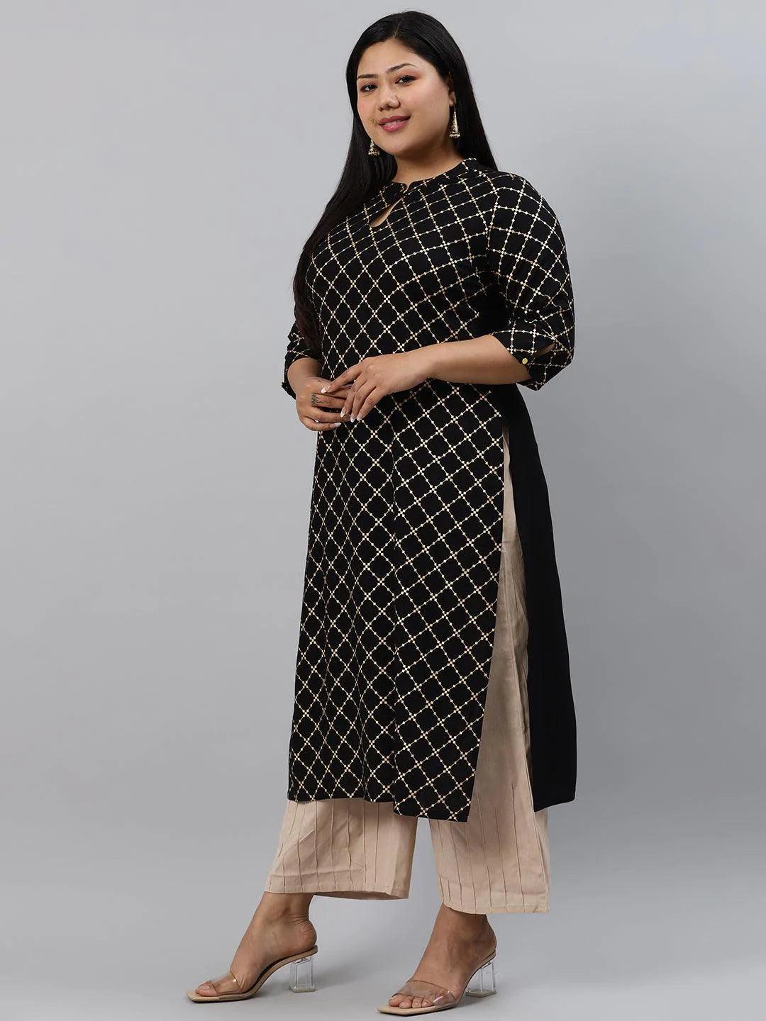 Plus Size Black Checkered Rayon Kurta