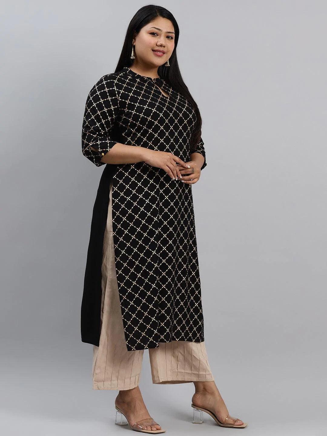 Plus Size Black Checkered Rayon Kurta