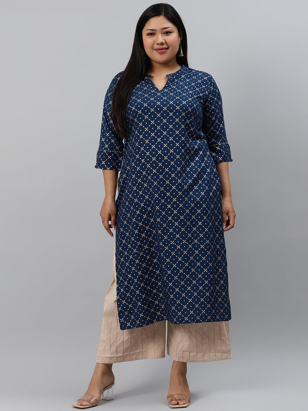 Plus Size Navy Blue Checkered Rayon Kurta