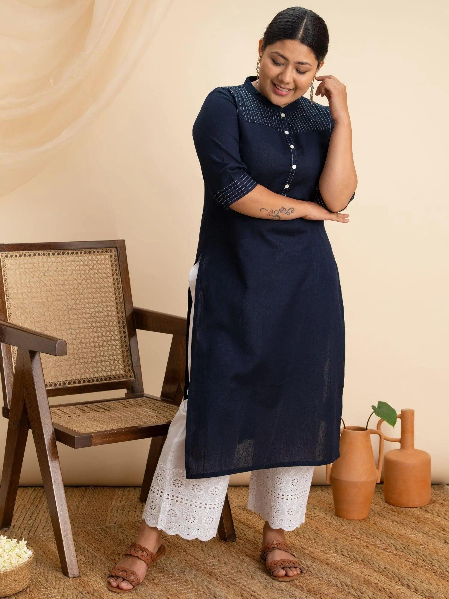 Plus Size Navy Blue Solid Cotton Kurta