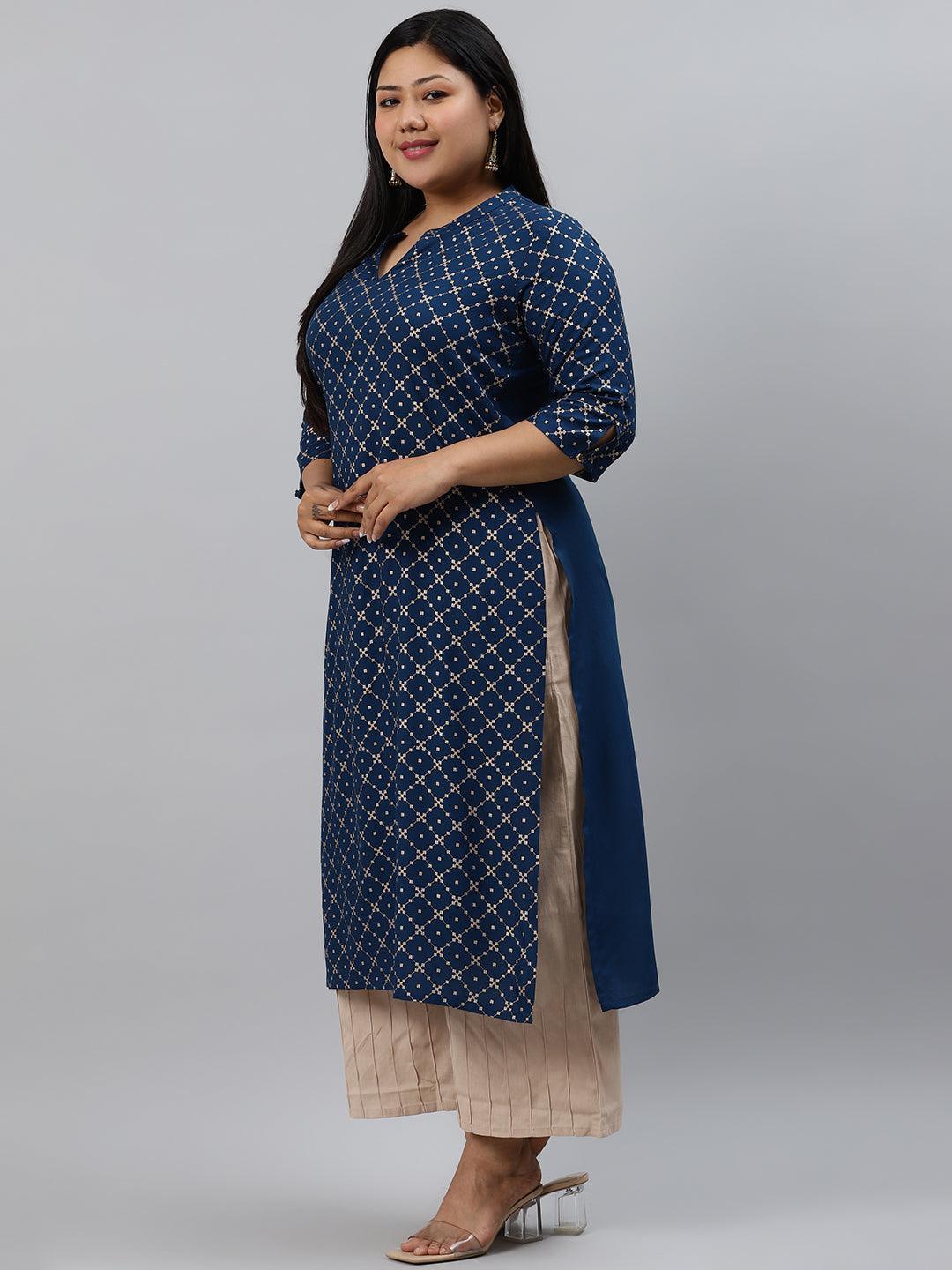 Plus Size Navy Blue Checkered Rayon Kurta