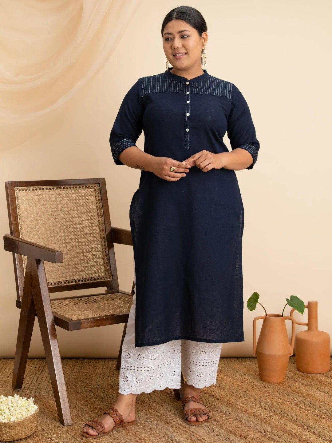 Plus Size Navy Blue Solid Cotton Kurta - ShopLibas