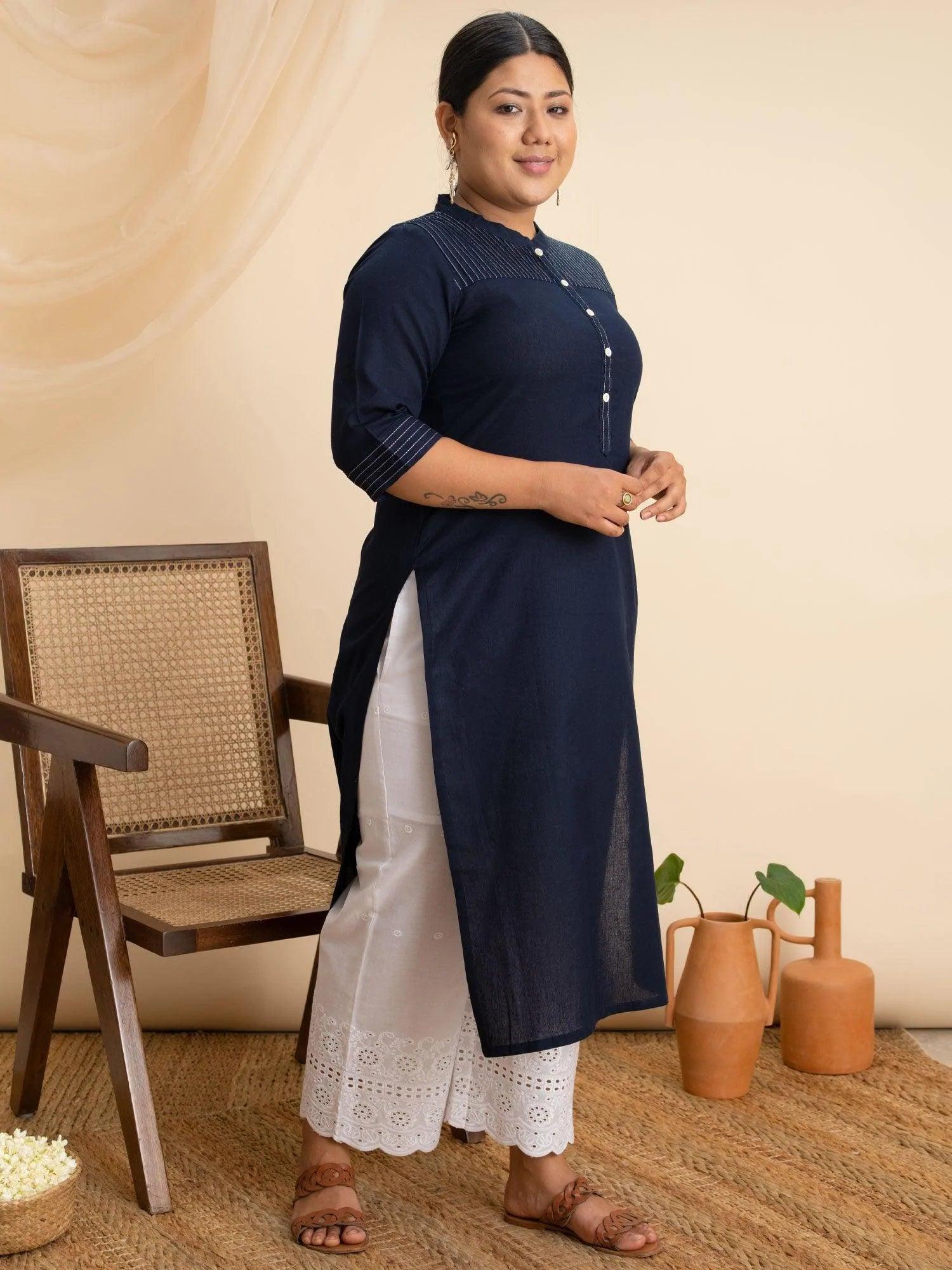 Plus Size Navy Blue Solid Cotton Kurta