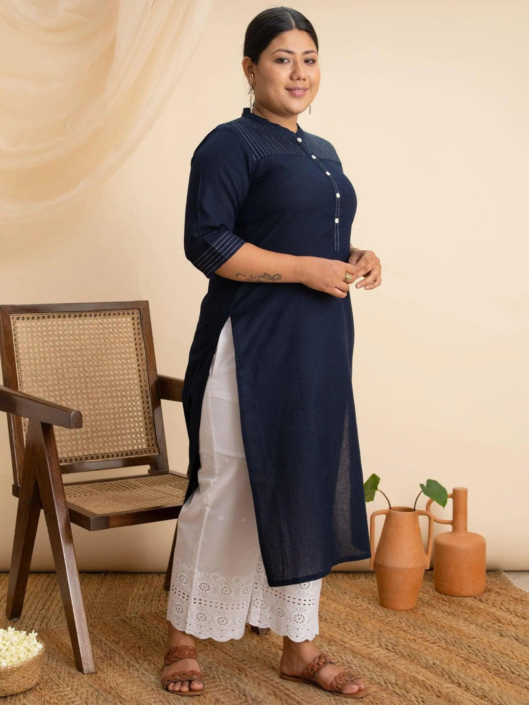 Plus Size Navy Blue Solid Cotton Kurta - ShopLibas