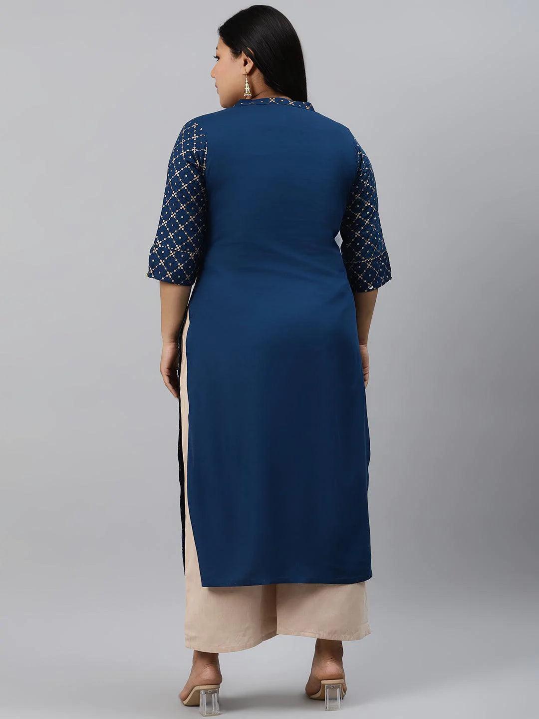 Plus Size Navy Blue Checkered Rayon Kurta