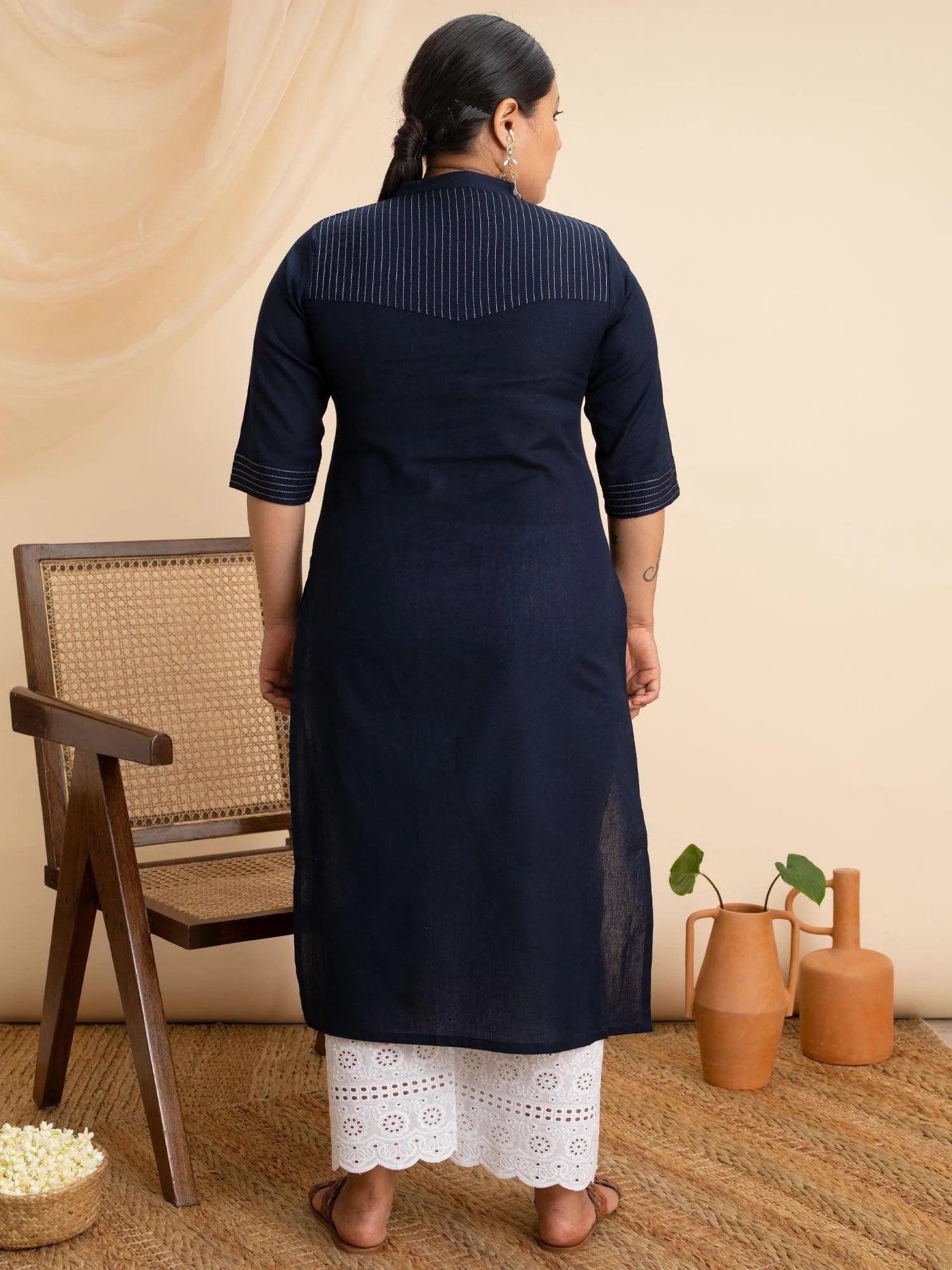 Plus Size Navy Blue Solid Cotton Kurta