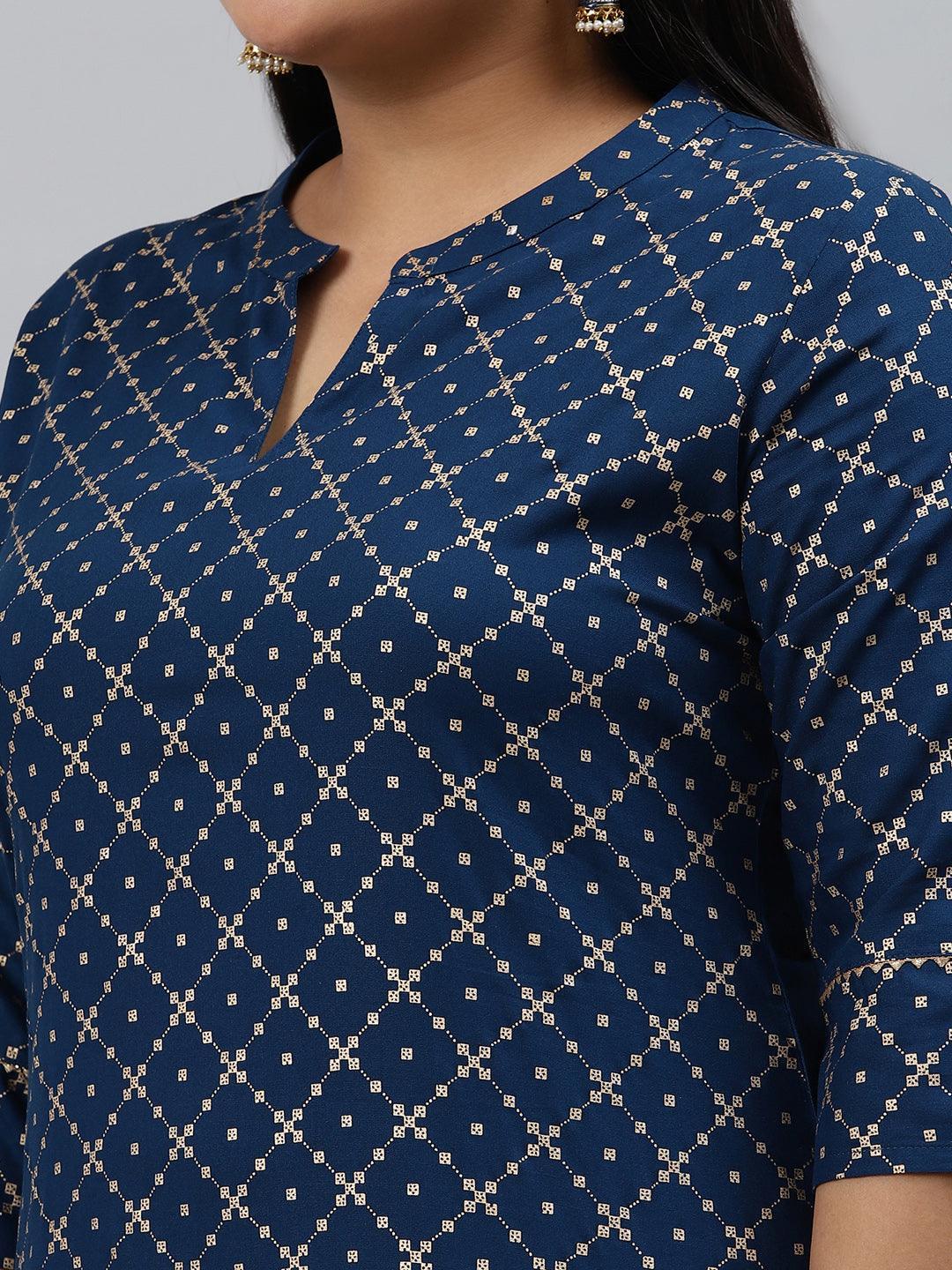 Plus Size Navy Blue Checkered Rayon Kurta