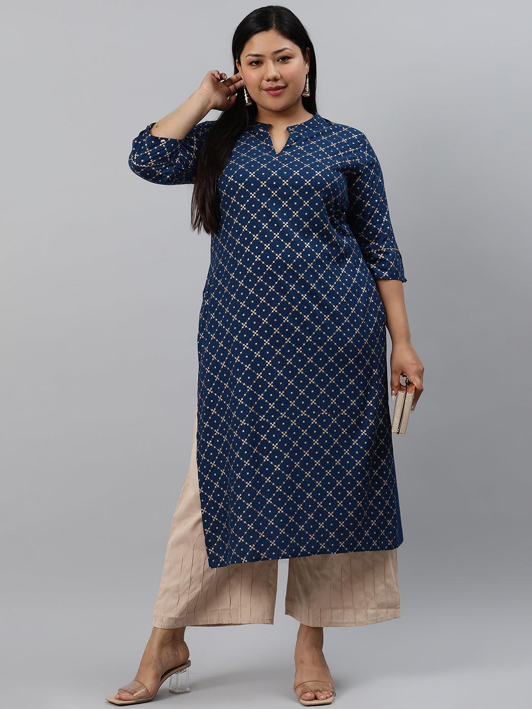 Plus Size Navy Blue Checkered Rayon Kurta