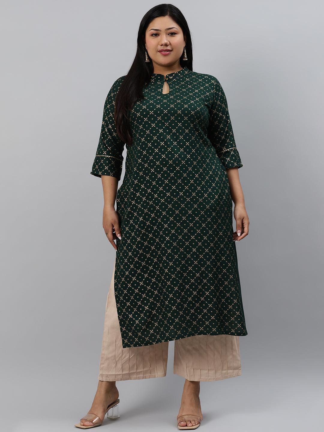 Plus Size Green Checkered Rayon Kurta