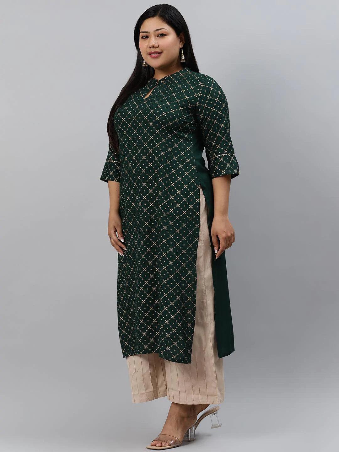 Plus Size Green Checkered Rayon Kurta