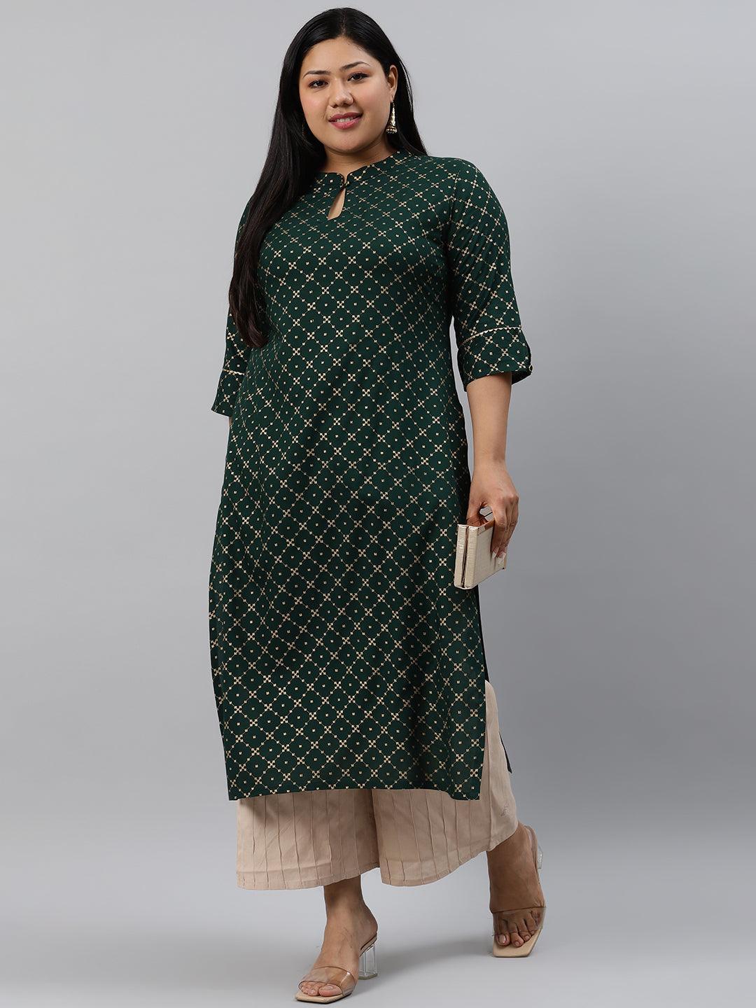 Plus Size Green Checkered Rayon Kurta