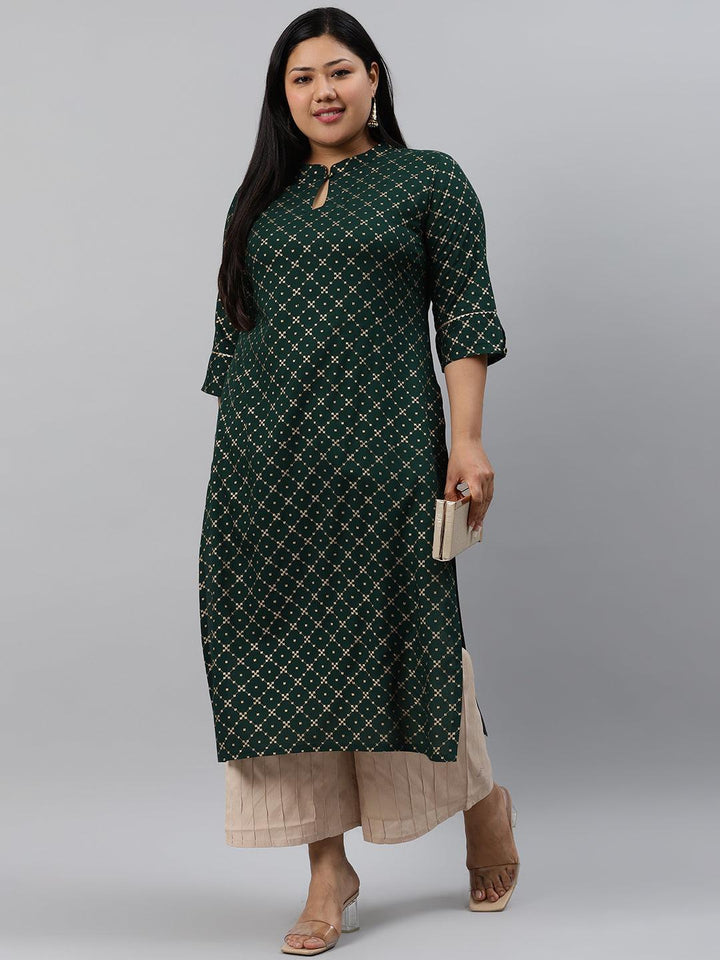 Plus Size Green Checkered Rayon Kurta - ShopLibas