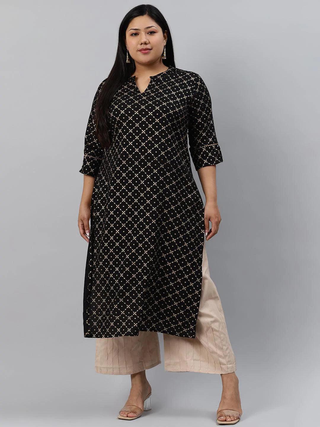 Plus Size Black Checkered Rayon Kurta