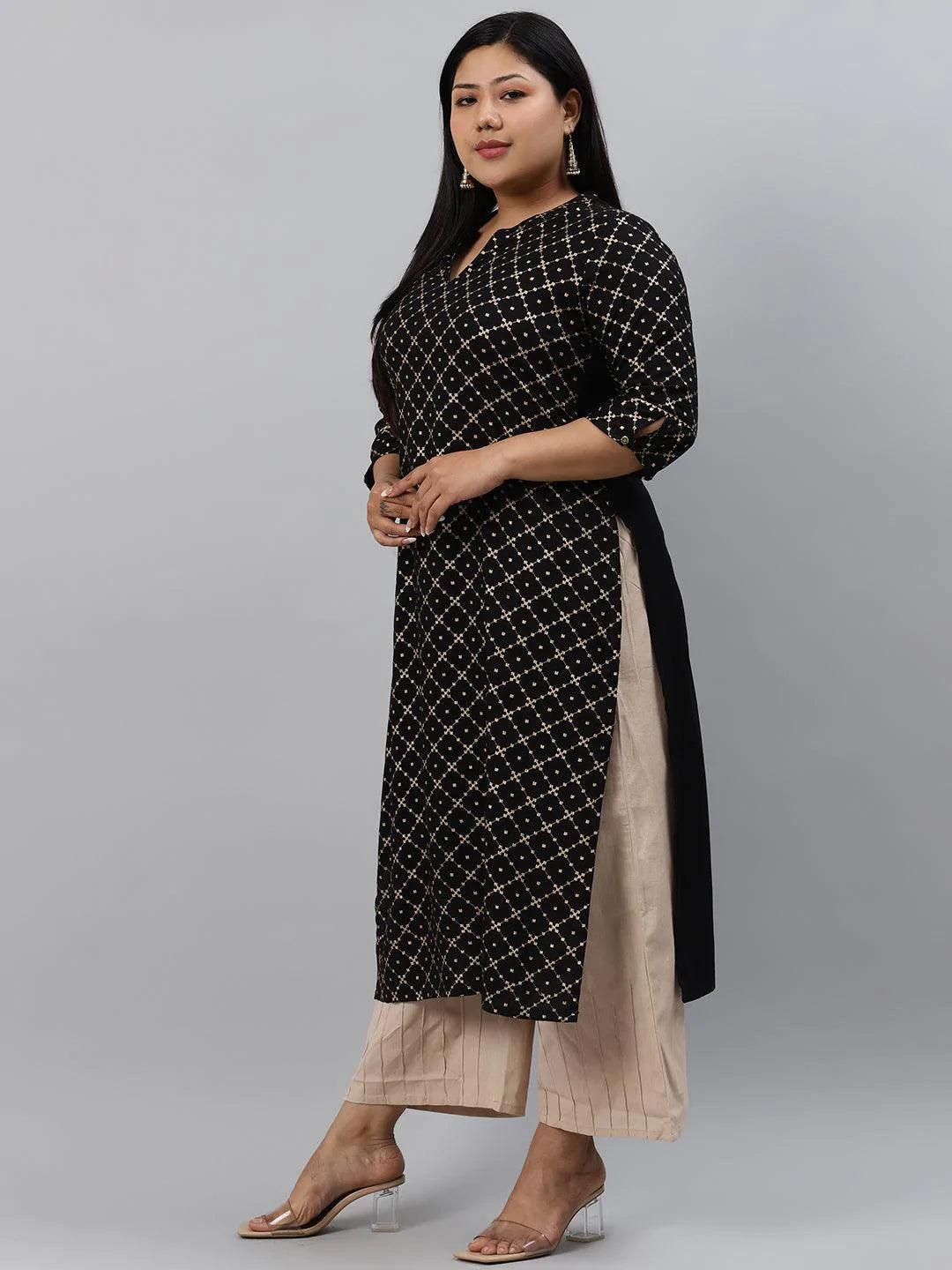 Plus Size Black Checkered Rayon Kurta