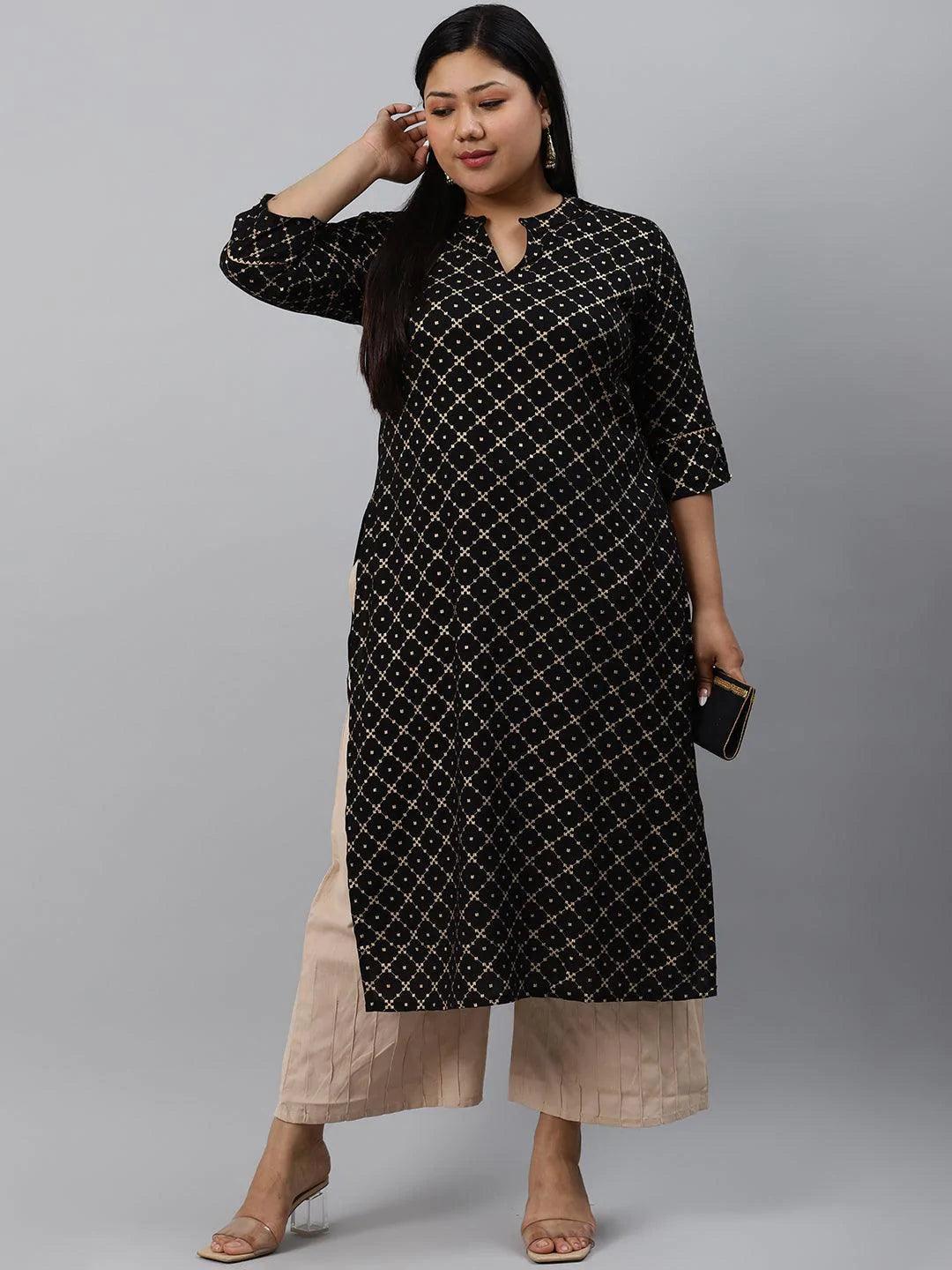 Plus Size Black Checkered Rayon Kurta