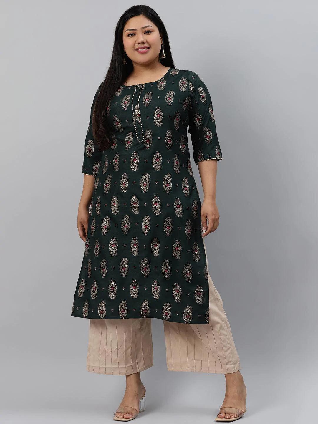 Plus Size Green Printed Silk Kurta