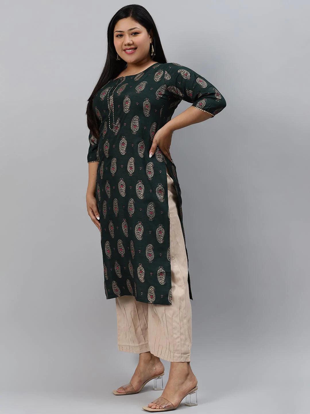 Plus Size Green Printed Silk Kurta