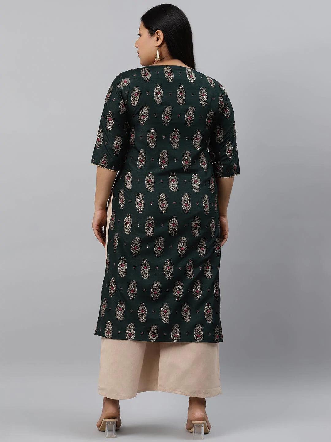 Plus Size Green Printed Silk Kurta