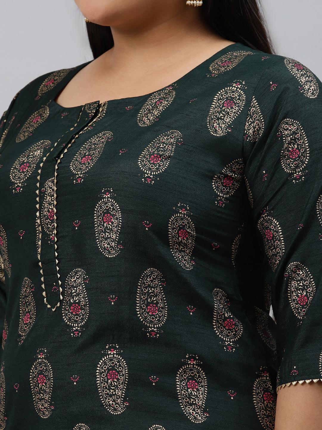 Plus Size Green Printed Silk Kurta