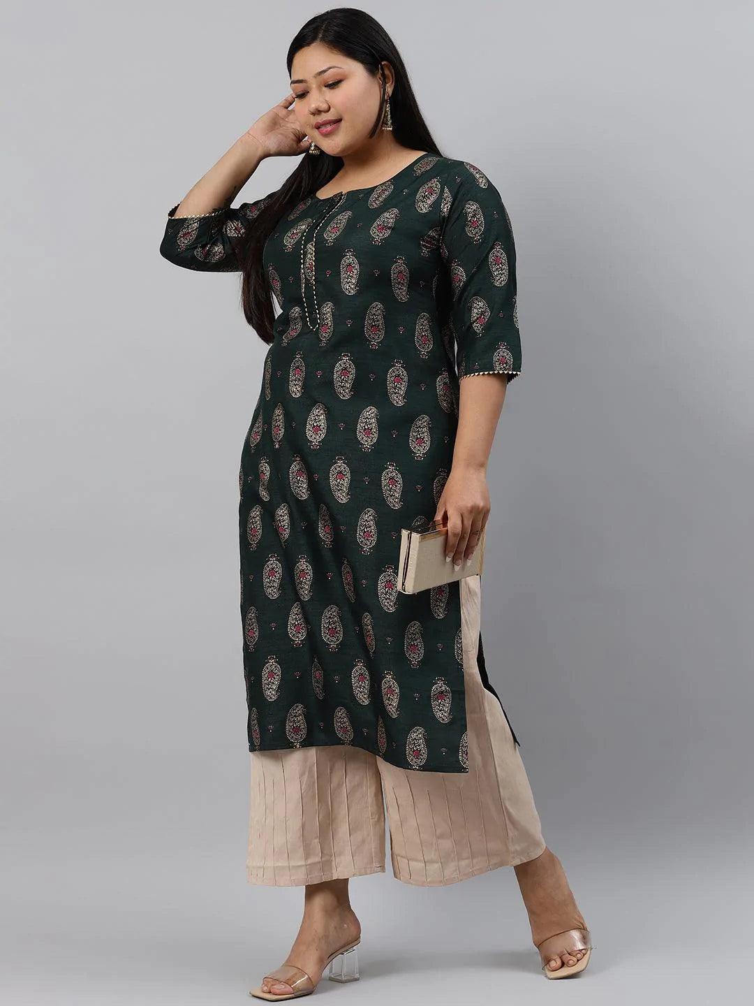 Plus Size Green Printed Silk Kurta