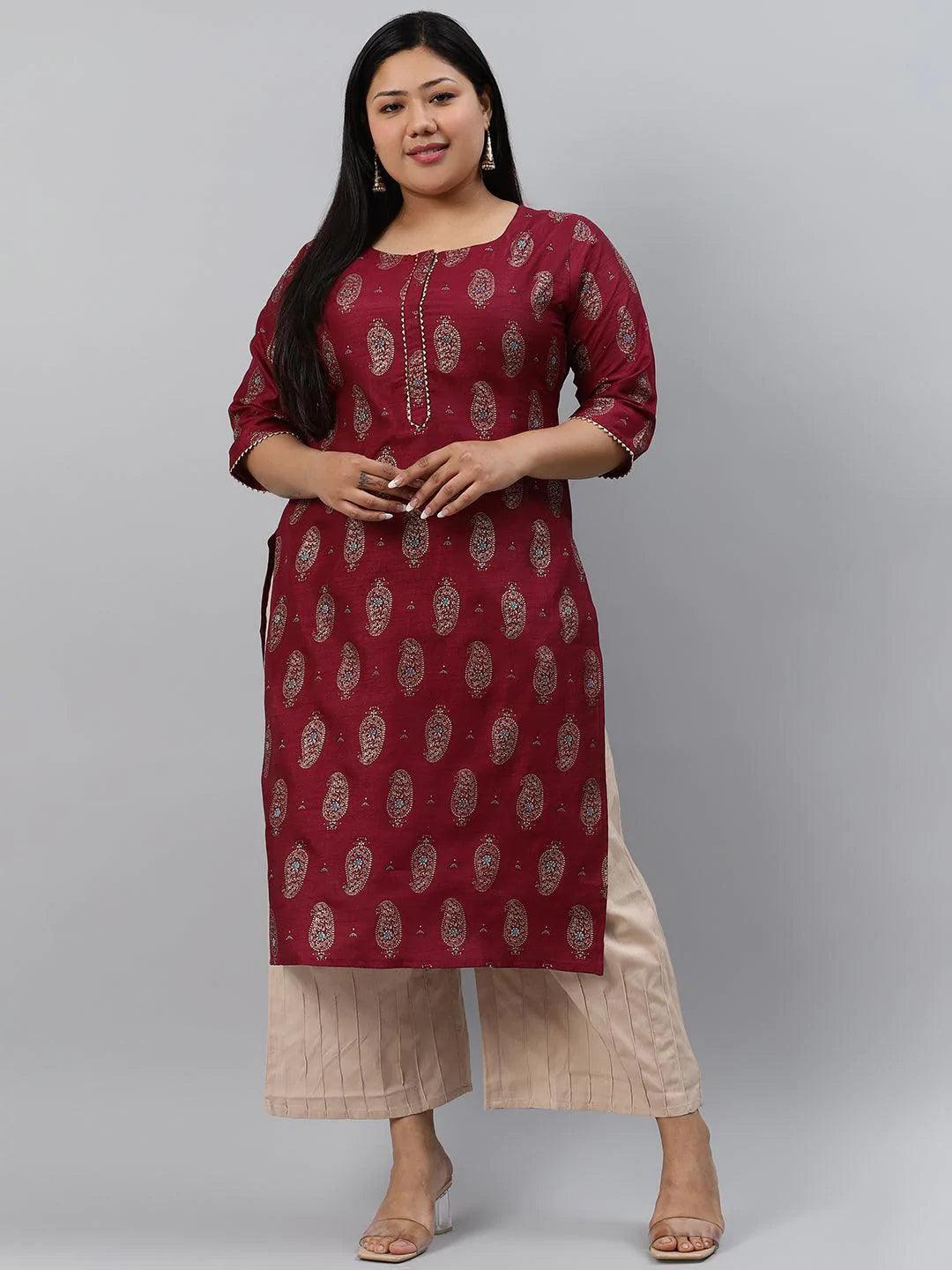 Plus Size Maroon Printed Silk Kurta