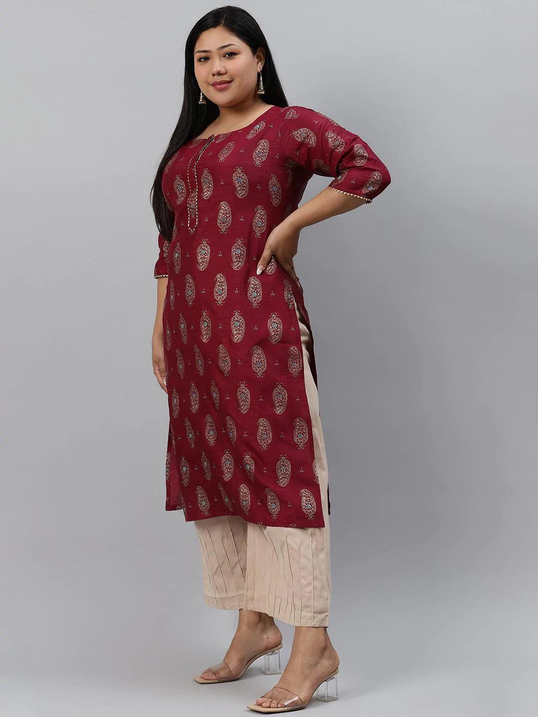 Plus Size Maroon Printed Silk Kurta