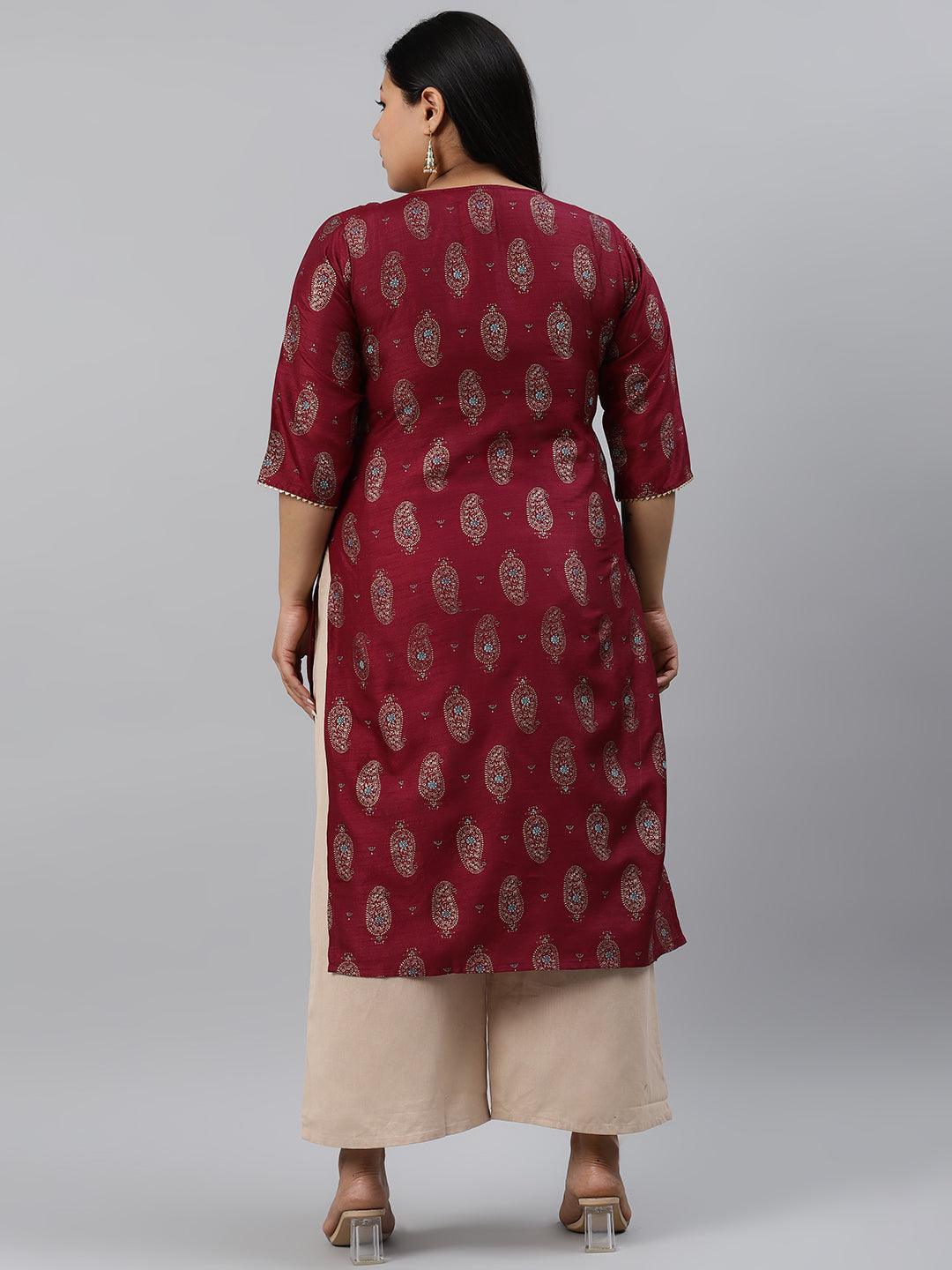 Plus Size Maroon Printed Silk Kurta