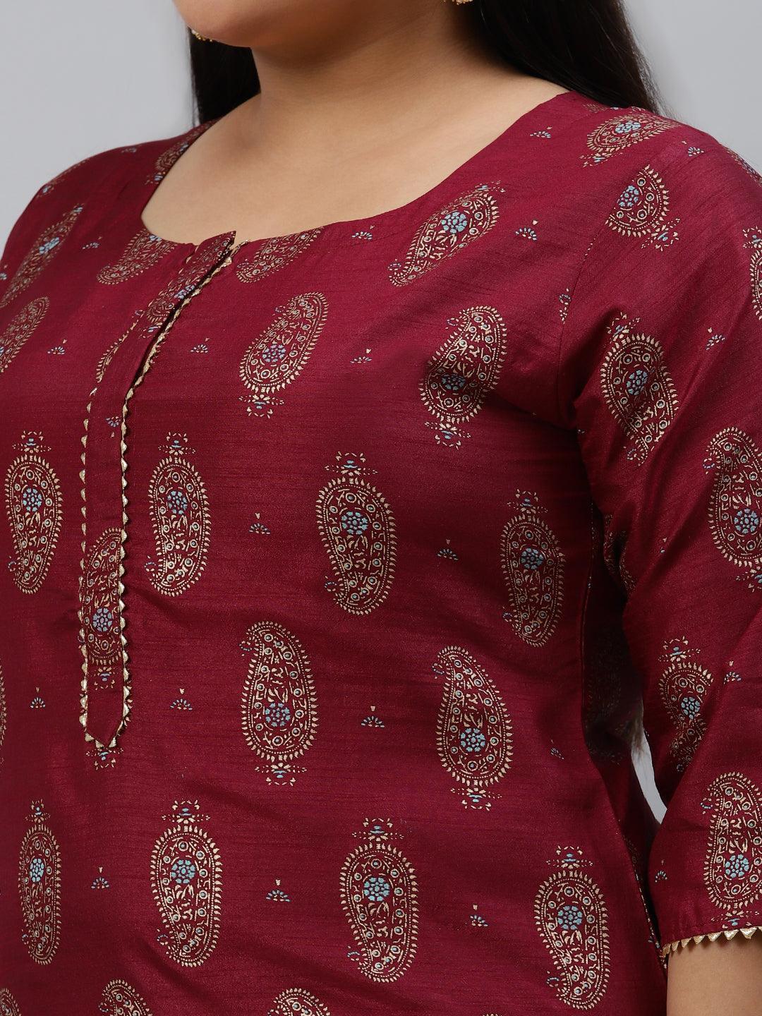 Plus Size Maroon Printed Silk Kurta