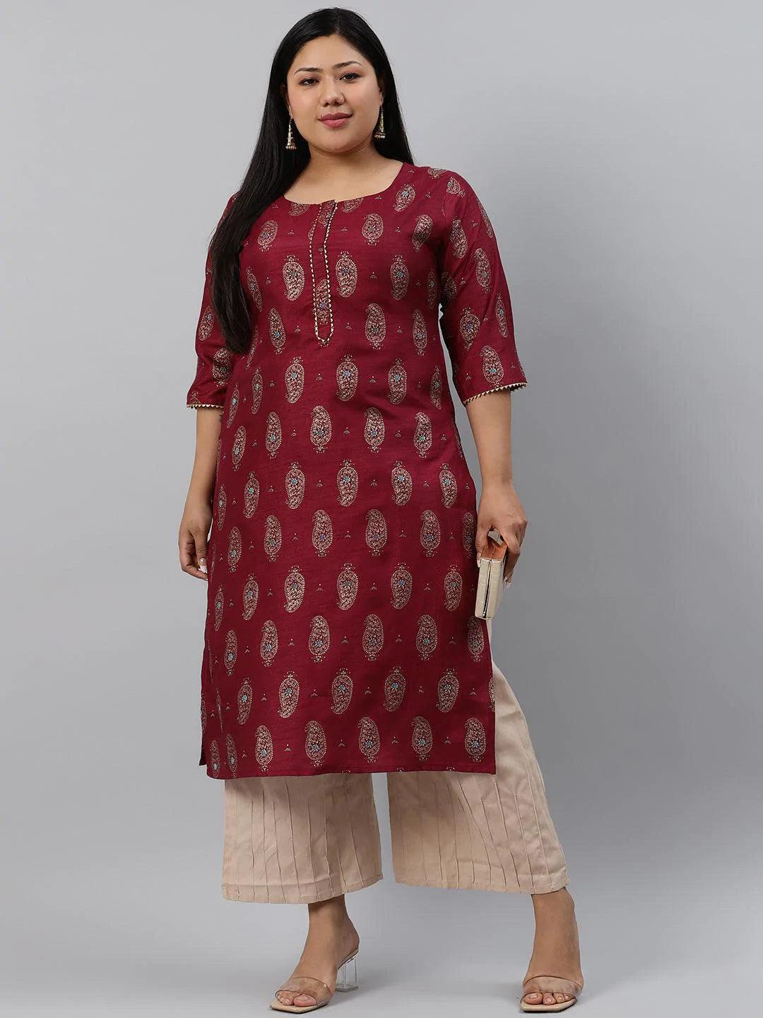 Plus Size Maroon Printed Silk Kurta