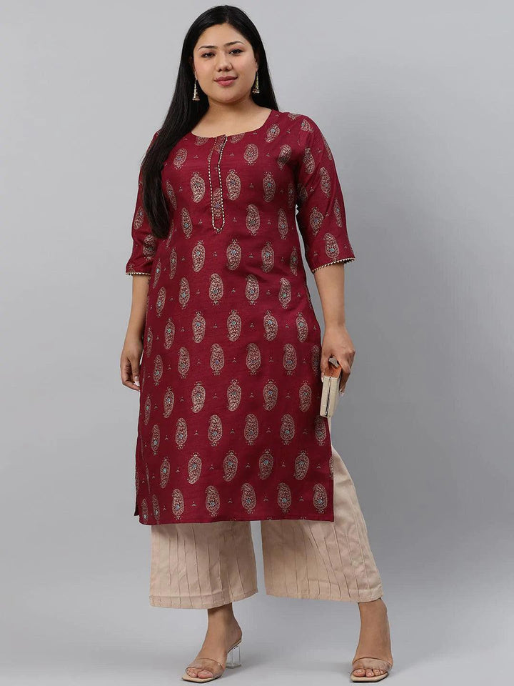 Plus Size Maroon Printed Silk Kurta - ShopLibas