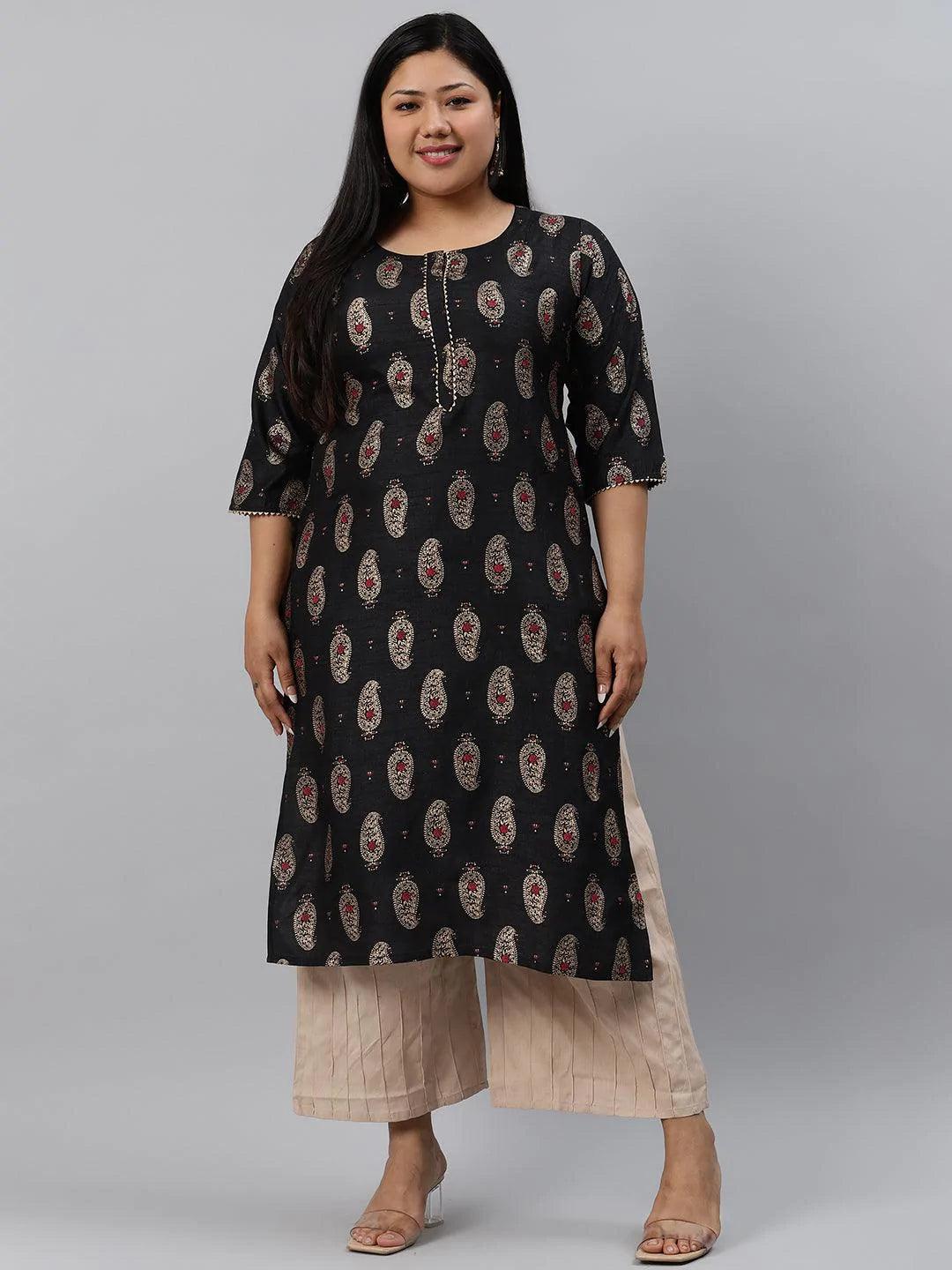 Plus Size Black Printed Silk Kurta